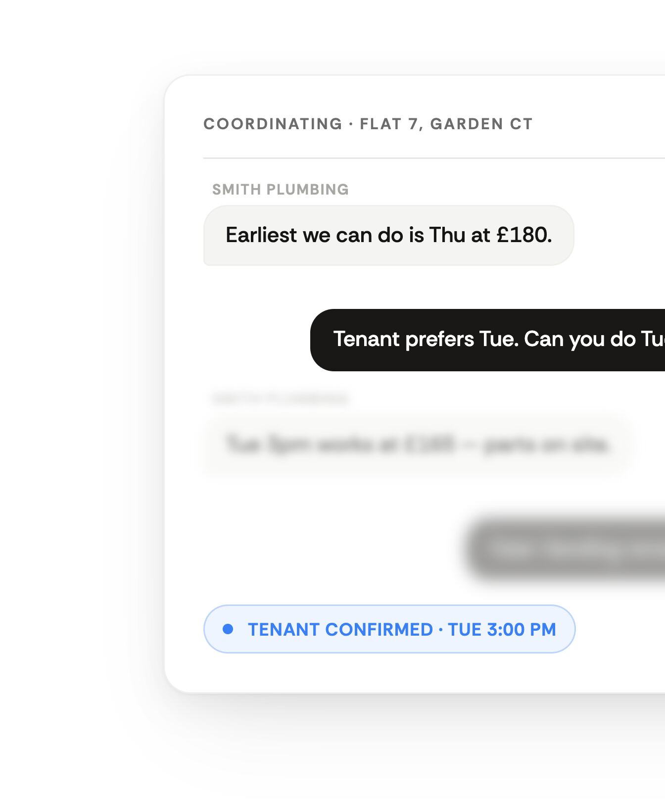 Alice negotiating contractor scheduling between tenant and contractor with auto-approval threshold