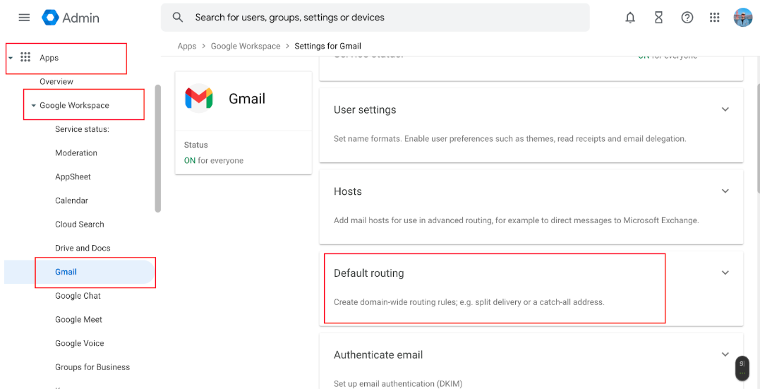 Google Admin Console showing Apps > Google Workspace > Gmail > Default routing