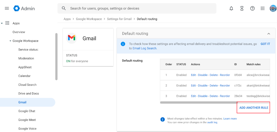 Default routing section with ADD ANOTHER RULE button highlighted