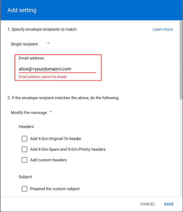 Add setting dialog showing envelope recipient email address field