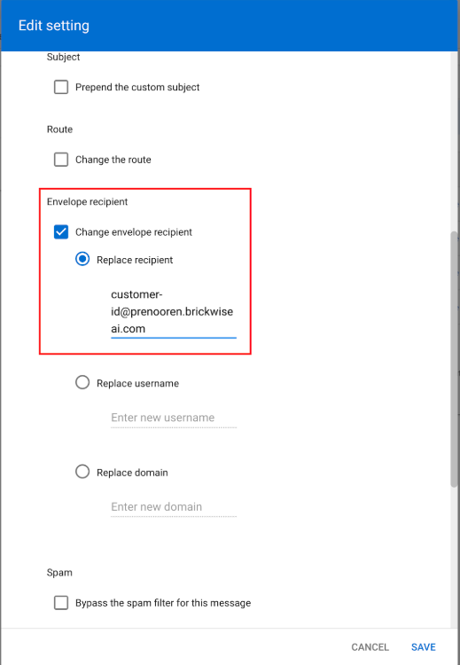 Edit setting showing Change envelope recipient with Replace recipient selected